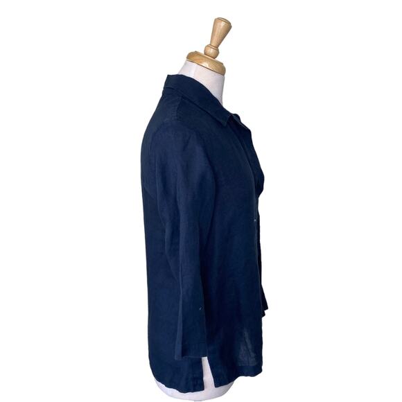 GRASSROOT by Anita Dongre 100% Linen Split Neck Collared Pleated Blouse Navy - Picture 4 of 10